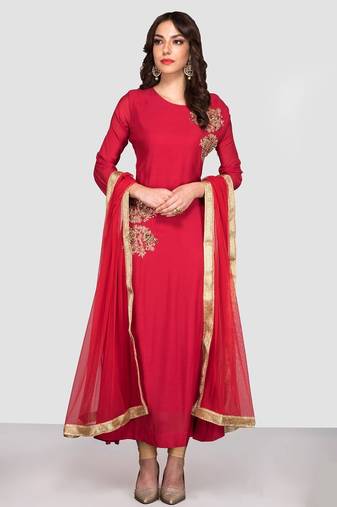 Maroon red crape silk zari work anarkali salwar kameez