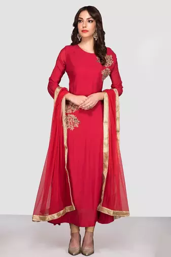 Maroon red crape silk zari work anarkali salwar kameez
