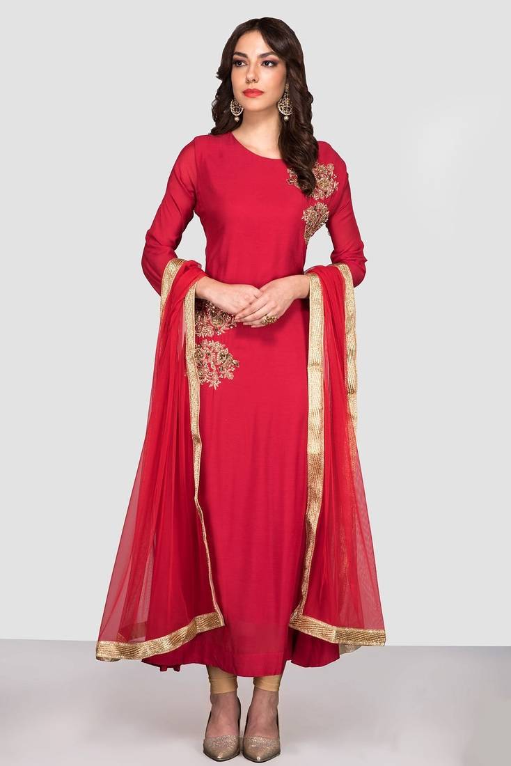Maroon red crape silk zari work anarkali salwar kameez