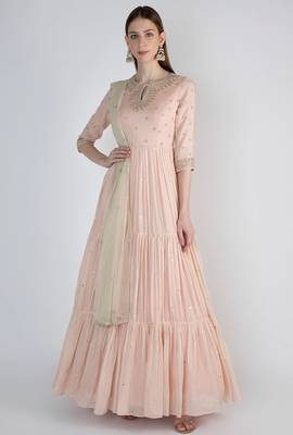 Peaches pink chanderi silk sequins and nalki work anarkali salwar kameez 1