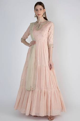 Peaches pink chanderi silk sequins and nalki work anarkali salwar kameez