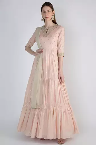 Peaches pink chanderi silk sequins and nalki work anarkali salwar kameez