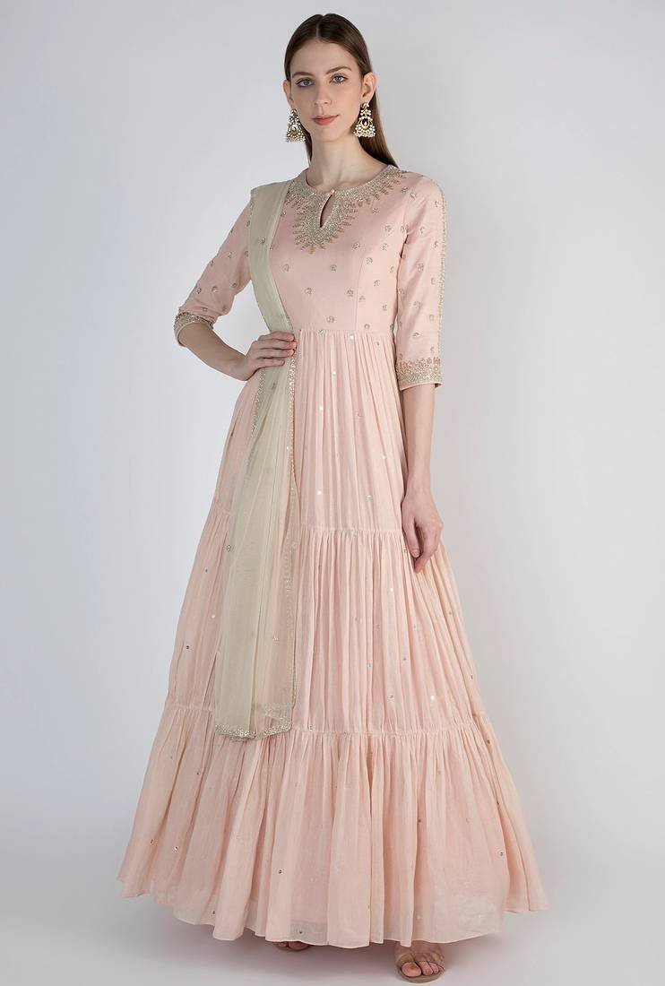 Peaches pink chanderi silk sequins and nalki work anarkali salwar kameez