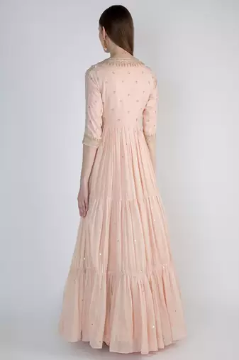 Peaches pink chanderi silk sequins and nalki work anarkali salwar kameez