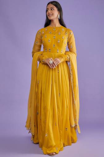 Bright yellow crape and organza thread and gota patti work anarkali salwar kameez