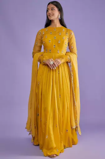 Bright yellow crape and organza thread and gota patti work anarkali salwar kameez