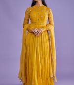 Bright yellow crape and organza thread and gota patti work anarkali salwar kameez