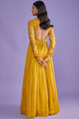 Bright yellow crape and organza thread and gota patti work anarkali salwar kameez 2
