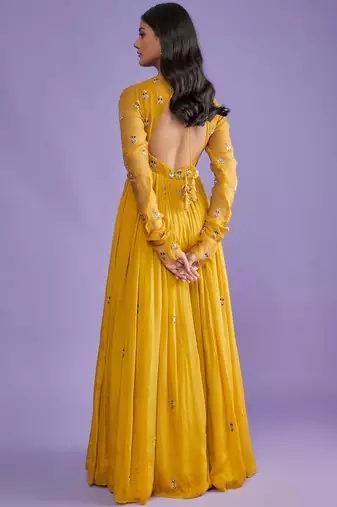 Bright yellow crape and organza thread and gota patti work anarkali salwar kameez