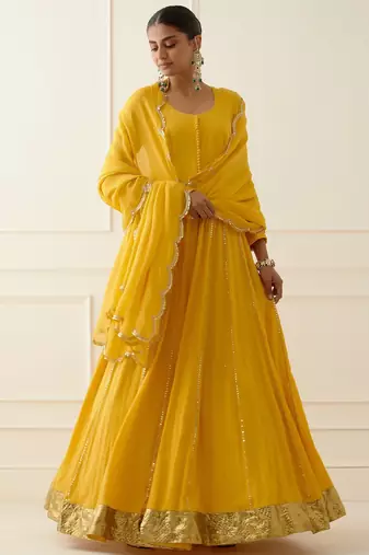 Yellow georgette gota and sequins work anarkali salwar kameez
