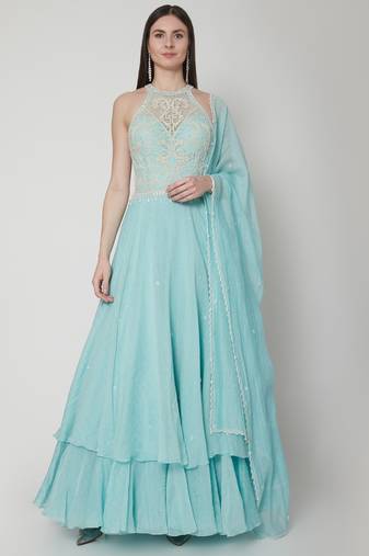 Light blue chanderi silk dori and pearl work anarkali salwar kameez
