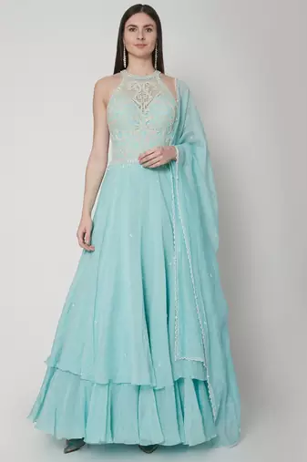 Light blue chanderi silk dori and pearl work anarkali salwar kameez