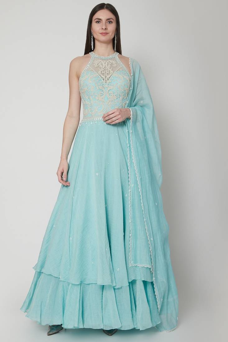 Light blue chanderi silk dori and pearl work anarkali salwar kameez