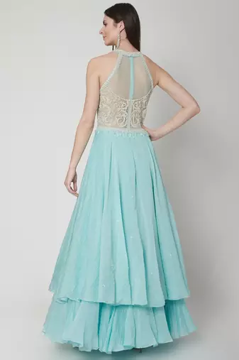 Light blue chanderi silk dori and pearl work anarkali salwar kameez