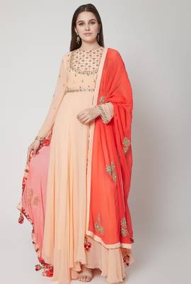 Peach georgette thread and beads work anarkali salwar kameez 1