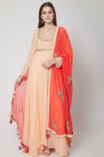 Peach georgette thread and beads work anarkali salwar kameez