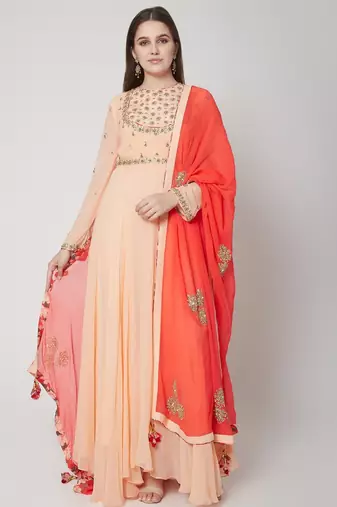 Peach georgette thread and beads work anarkali salwar kameez