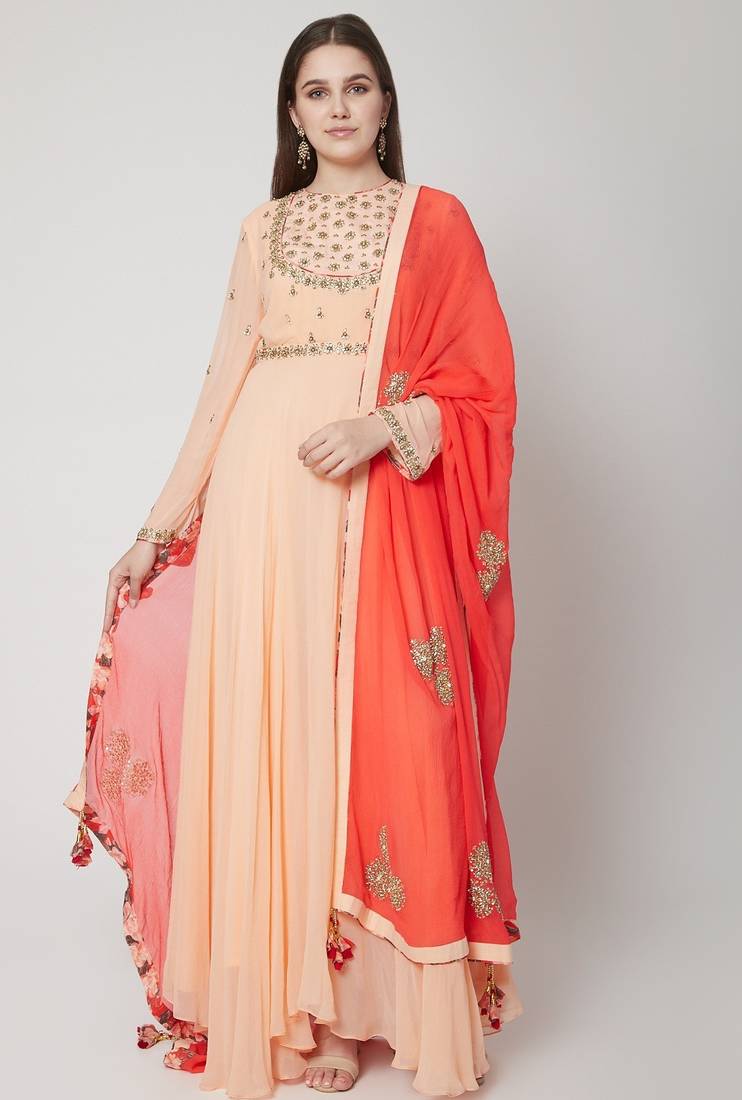 Peach georgette thread and beads work anarkali salwar kameez