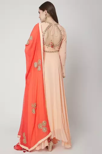 Peach georgette thread and beads work anarkali salwar kameez