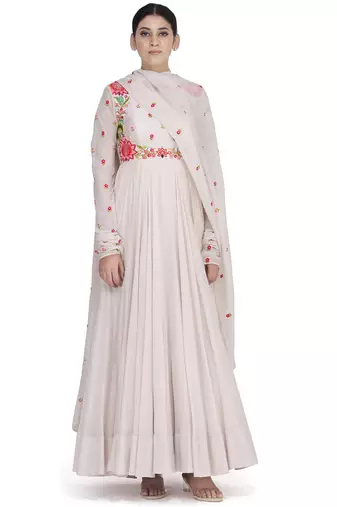 White georgette thread work anarkali salwar kameez