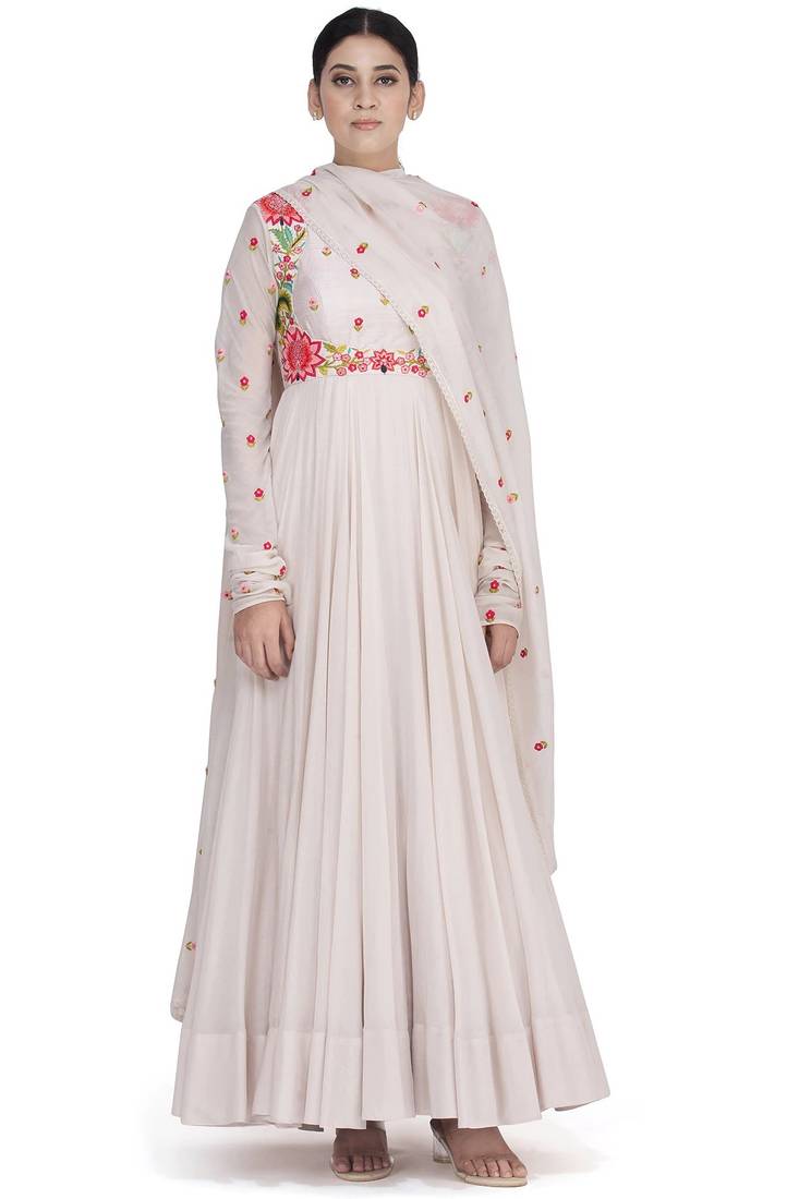 White georgette thread work anarkali salwar kameez