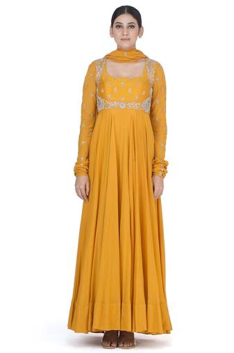 Mustard yellow silk zari and sequins work anarkali salwar kameez