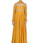 Mustard yellow silk zari and sequins work anarkali salwar kameez