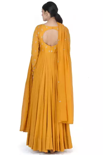 Mustard yellow silk zari and sequins work anarkali salwar kameez