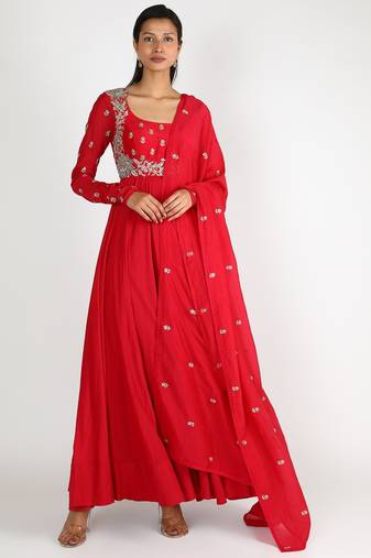 Red silk zari and sequins work anarkali salwar kameez