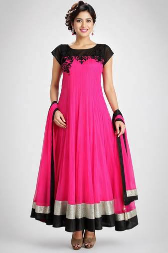 Pink net thread work anarkali salwar kameez