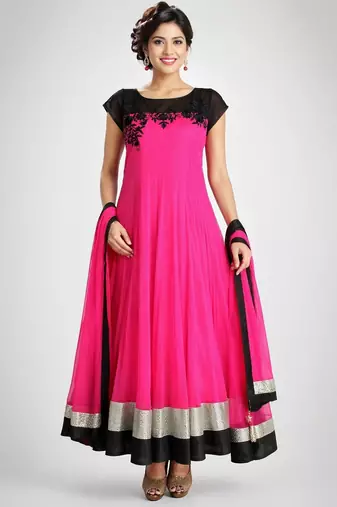 Pink net thread work anarkali salwar kameez