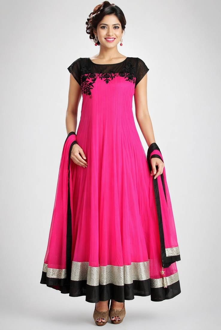 Pink net thread work anarkali salwar kameez