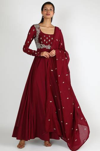 Maroon silk zari and sequins work anarkali salwar kameez