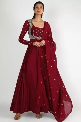 Maroon silk zari and sequins work anarkali salwar kameez