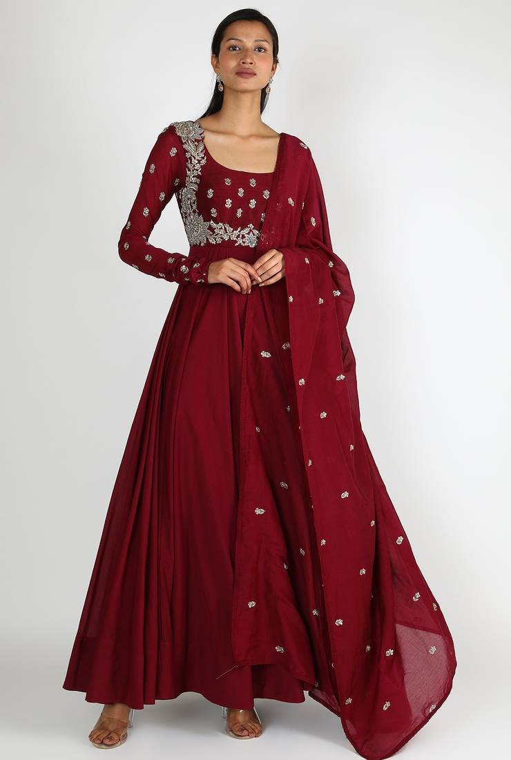 Maroon silk zari and sequins work anarkali salwar kameez