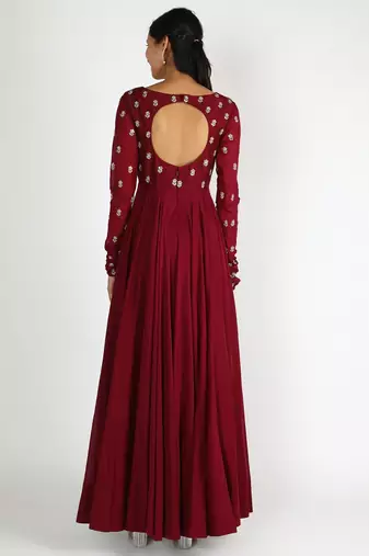 Maroon silk zari and sequins work anarkali salwar kameez