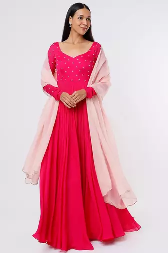 Hot pink chinone silk hand embroidery anarkali salwar kameez