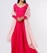 Hot pink chinone silk hand embroidery anarkali salwar kameez