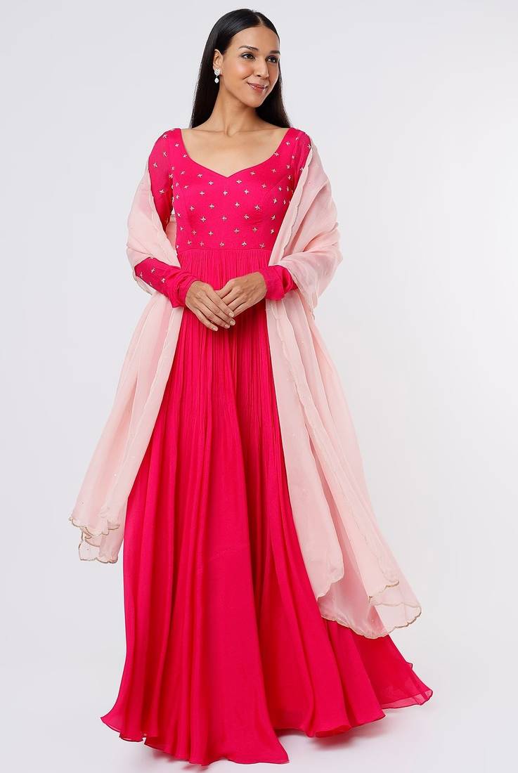Hot pink chinone silk hand embroidery anarkali salwar kameez