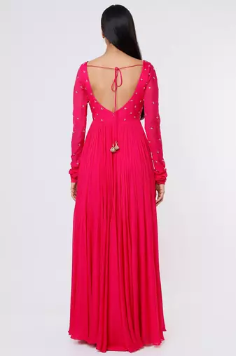 Hot pink chinone silk hand embroidery anarkali salwar kameez