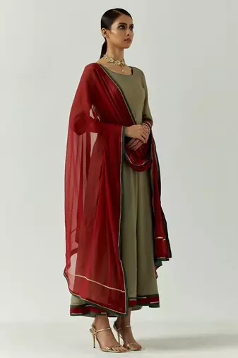 Dark olive georgette lace work anarkali salwar kameez