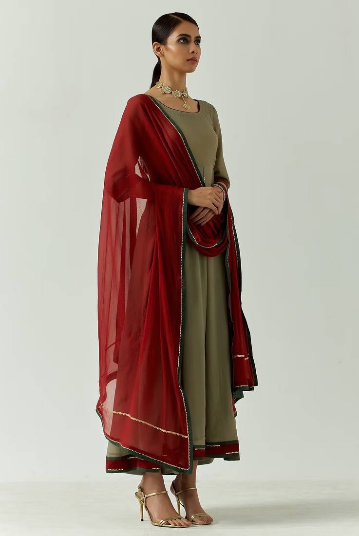 Dark olive georgette lace work anarkali salwar kameez