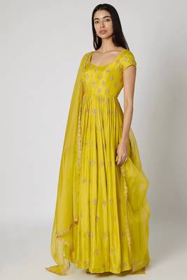 Lime green chanderi silk zari work anarkali salwar kameez 1