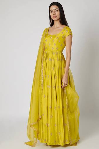 Lime green chanderi silk zari work anarkali salwar kameez