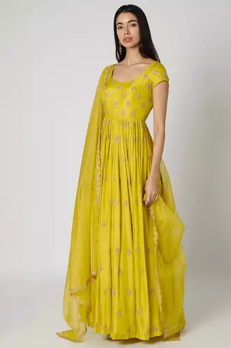 Lime green chanderi silk zari work anarkali salwar kameez