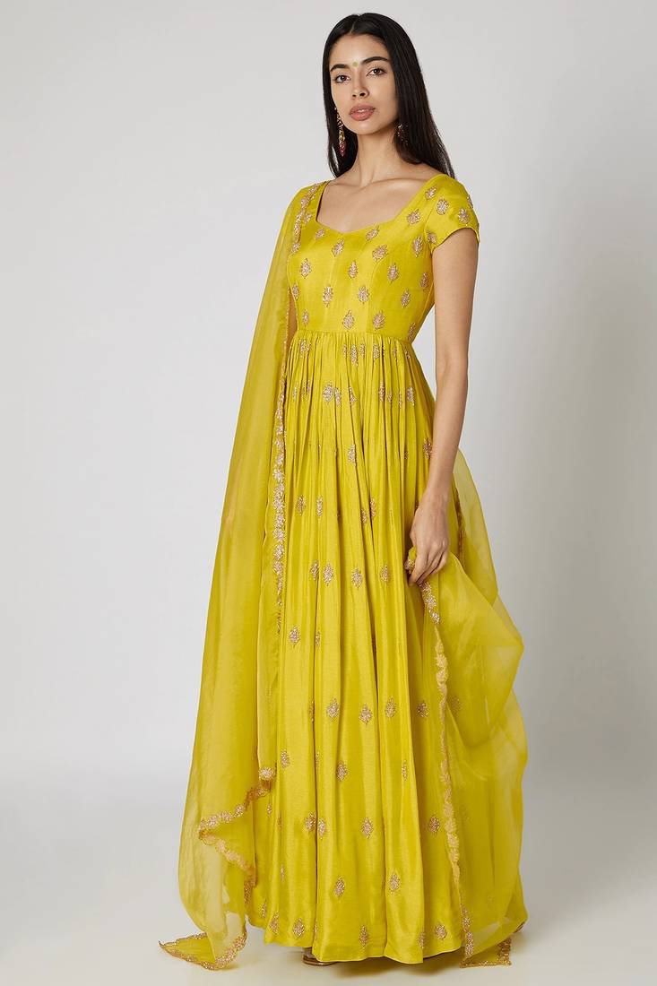 Lime green chanderi silk zari work anarkali salwar kameez