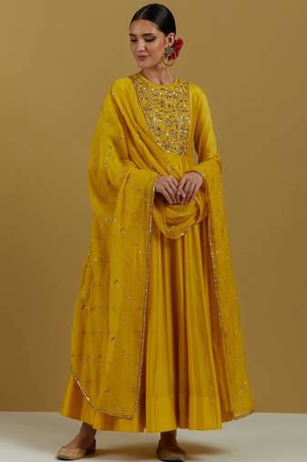Mustard yellow chanderi silk zari, sequins and beads work anarkali salwar kameez