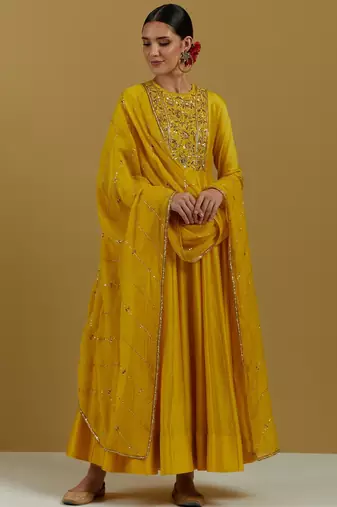 Mustard yellow chanderi silk zari, sequins and beads work anarkali salwar kameez
