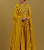 Mustard yellow chanderi silk zari, sequins and beads work anarkali salwar kameez