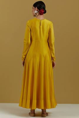Mustard yellow chanderi silk zari, sequins and beads work anarkali salwar kameez 2